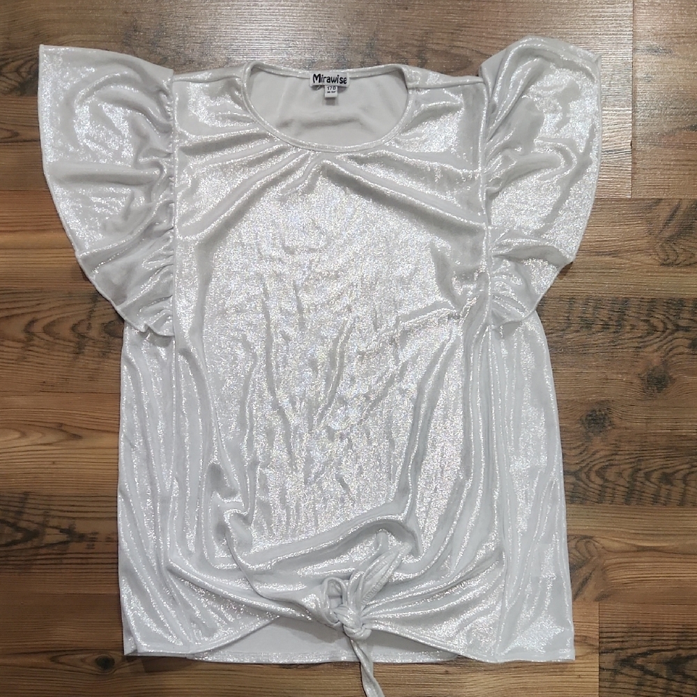 Girls Flutter‎ Sleeve Shimmer Silver Shiny Glamoratti Girly Bright Top Size 14